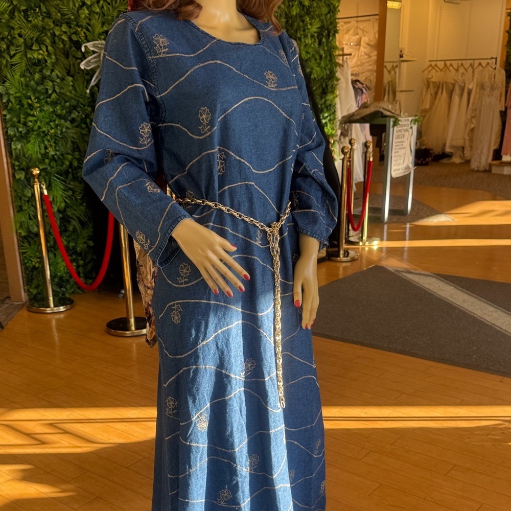 Elegant Blue Maxi Denim Dress with Gold Accents